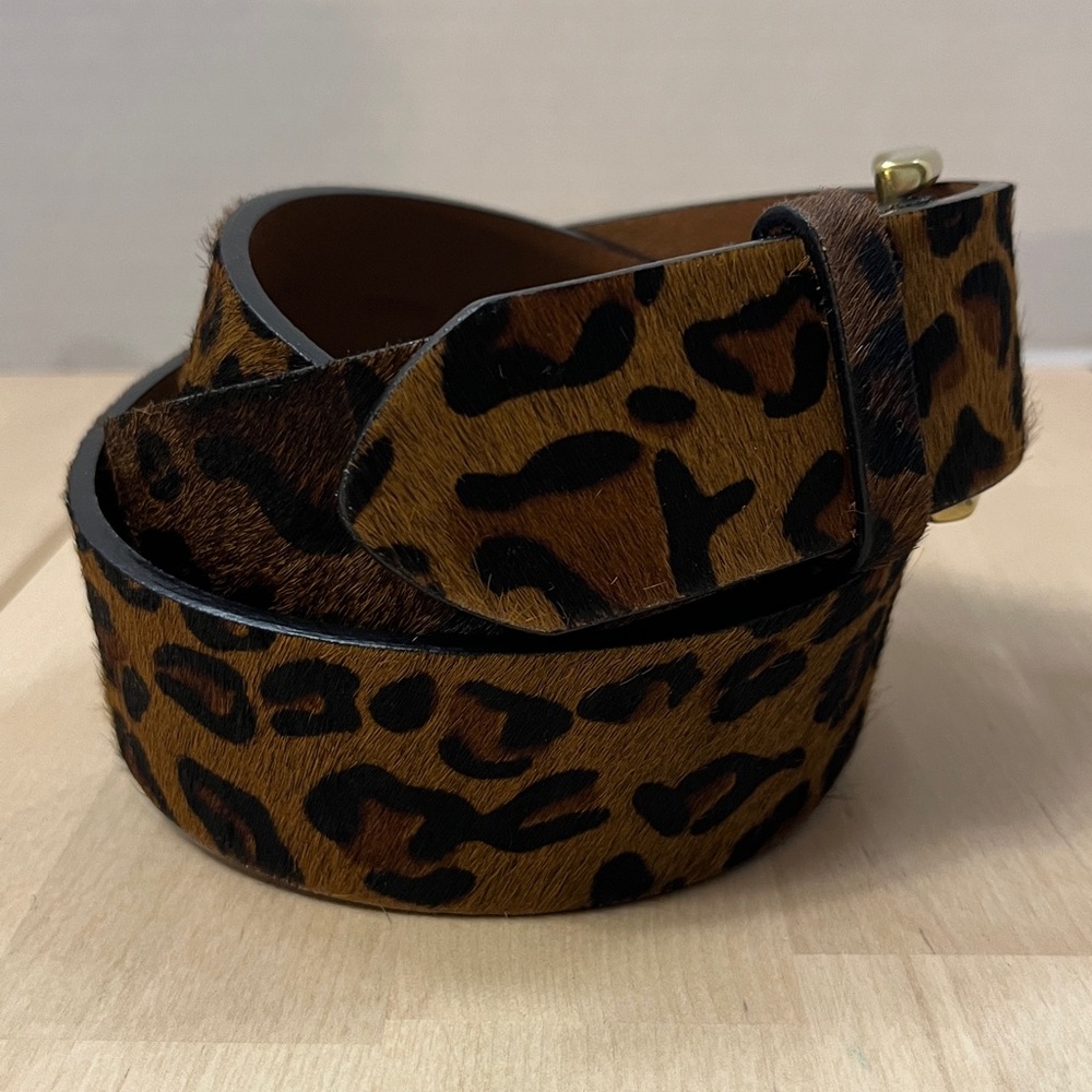 J. Crew Faux Fur Leopard Print Leather Belt w/ Gold Tone Buckle Women’s Medium - Picture 4 of 15